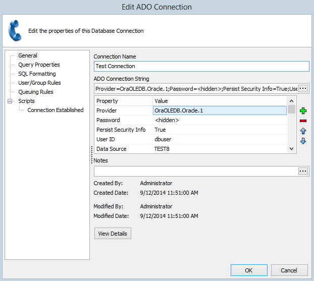 Editing an ADO connection displays the list of connection string properties as well as several tabs of configuration options